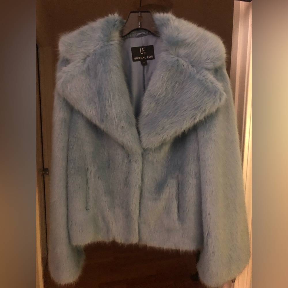 SKY BLUE FAUX FUR COAT, size M - Picture 2 of 3